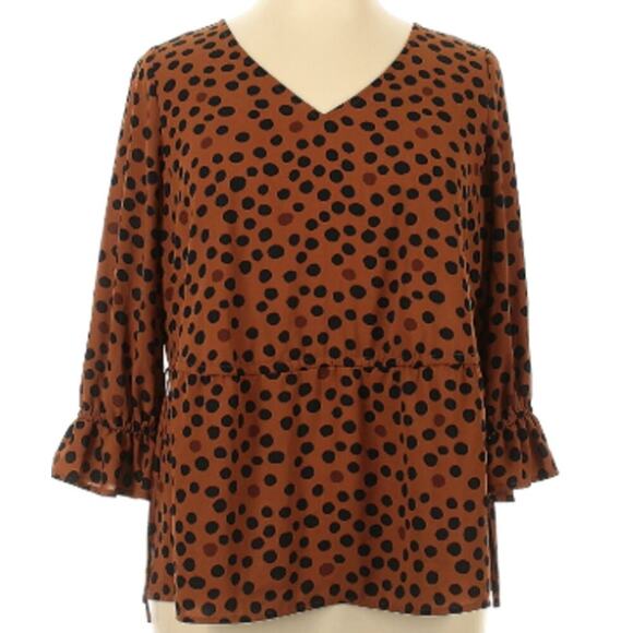 Evri Plus Size 2X Polka Dot Top Blouse Brown Black V Neck Drawstring Waist - Picture 1 of 7
